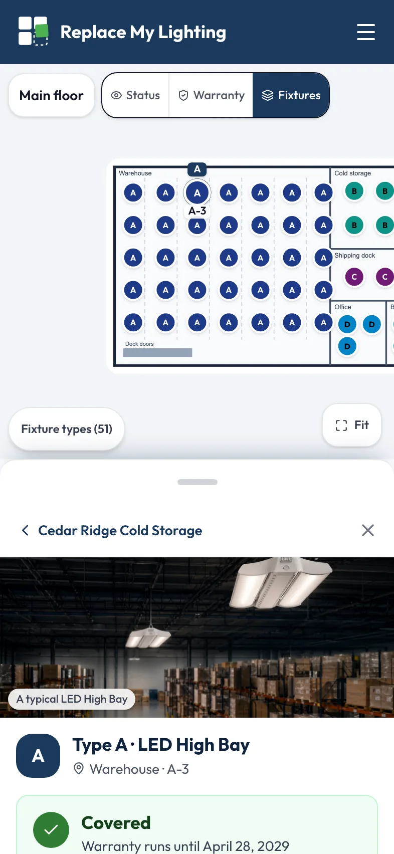 The same example building on a phone: the map above, the light card in a sheet below.