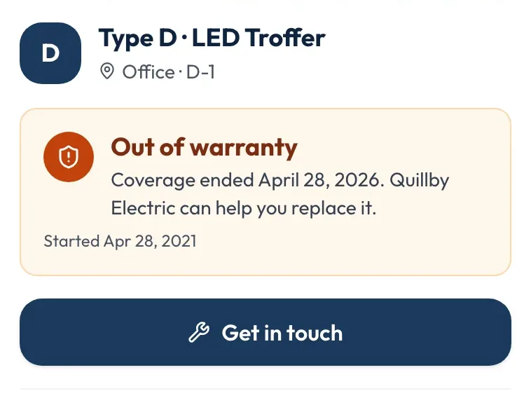 A light card from an example map: Out of warranty, with a Get in touch button.