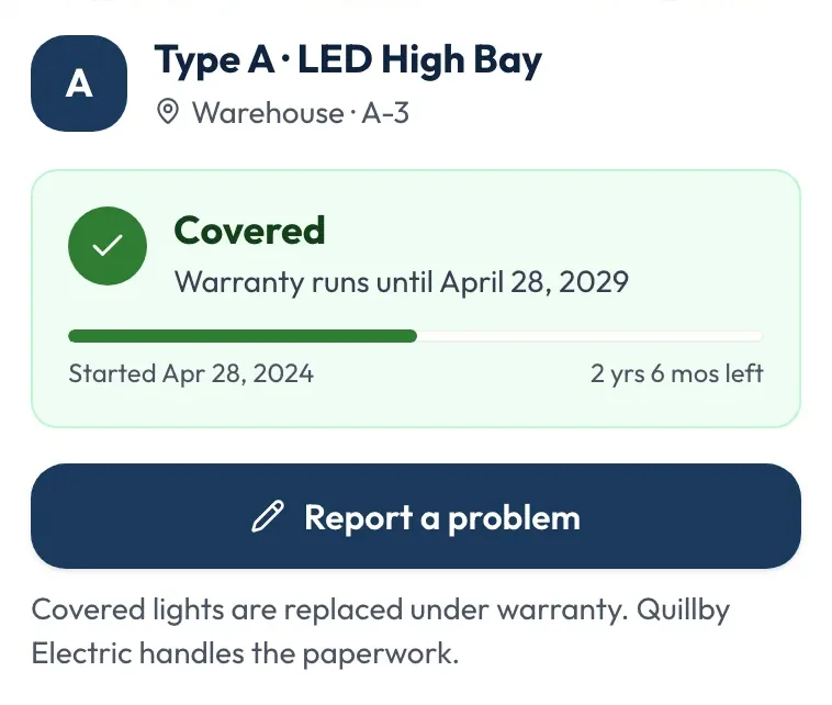 A light card from an example map: Covered, warranty runs until April 28, 2029, with a Report a problem button.
